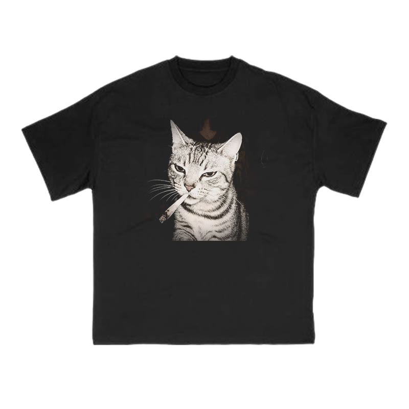 Unisex 100% Cotton Smoking Tabby Cat Print T-shirt - Black - US16-18(2XL) - image 1
