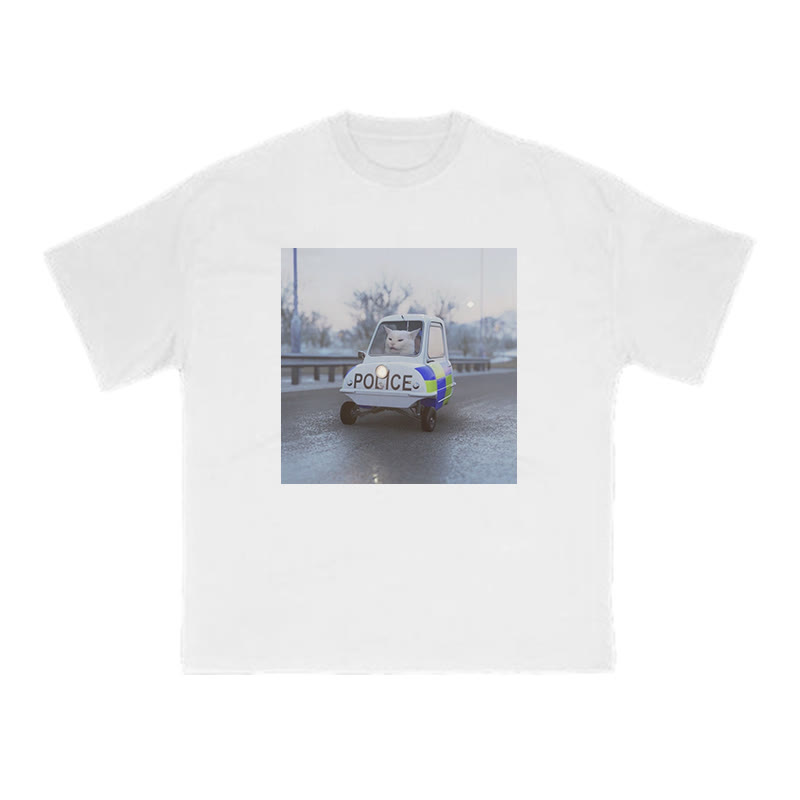 Unisex 100% Cotton Cat Driving A Police Car Print T-shirt - White - US16-18(2XL) - image 2