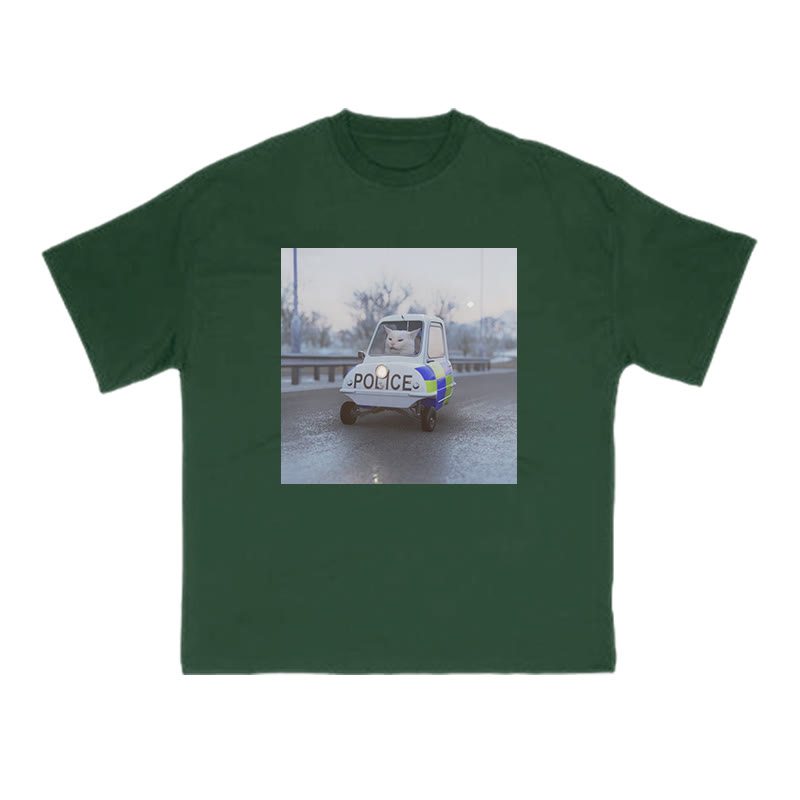 Unisex 100% Cotton Cat Driving A Police Car Print T-shirt - Dark Green - US16-18(2XL) - image 10