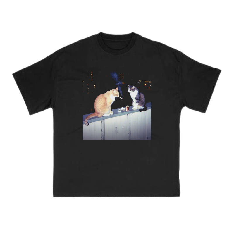Unisex 100% Cotton Smoking Decadent Cat Print T-shirt - Black - US16-18(2XL) - image 1