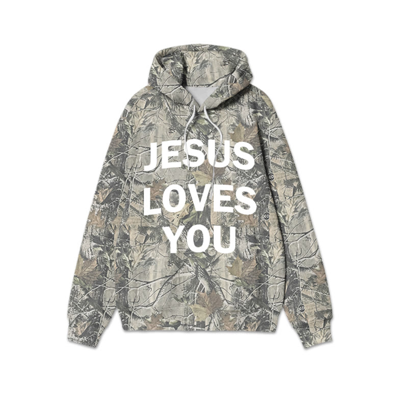 Unisex Jesus Loves You Dead Leaves Camouflage Print Hoodie - Green - US44-46(8XL) - image 1