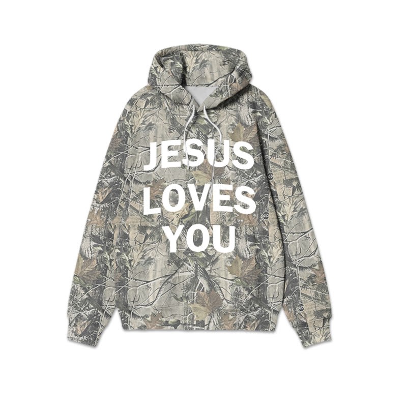 Unisex Jesus Loves You Dead Leaves Camouflage Print Hoodie - Green - US44-46(8XL) - image 1