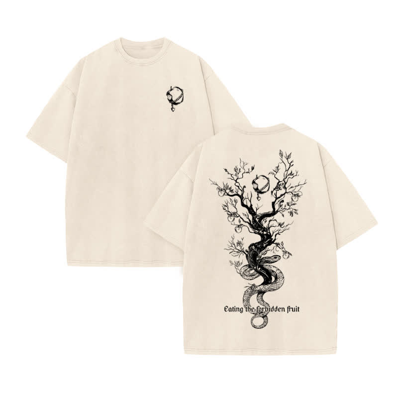 Unisex 100% Cotton Eating The Forbidden Fruit Print Acid Washed T-shirt - Beige - US20-22(3XL) - image 2