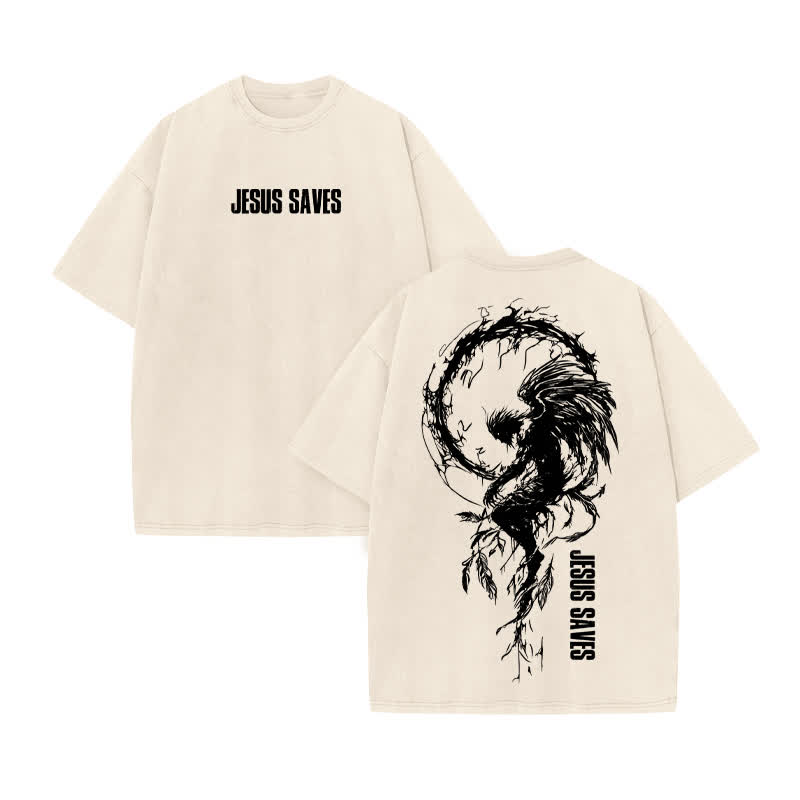 Unisex 100% Cotton Jesus Saves Print Acid Washed T-shirt - Beige - US20-22(3XL) - image 2