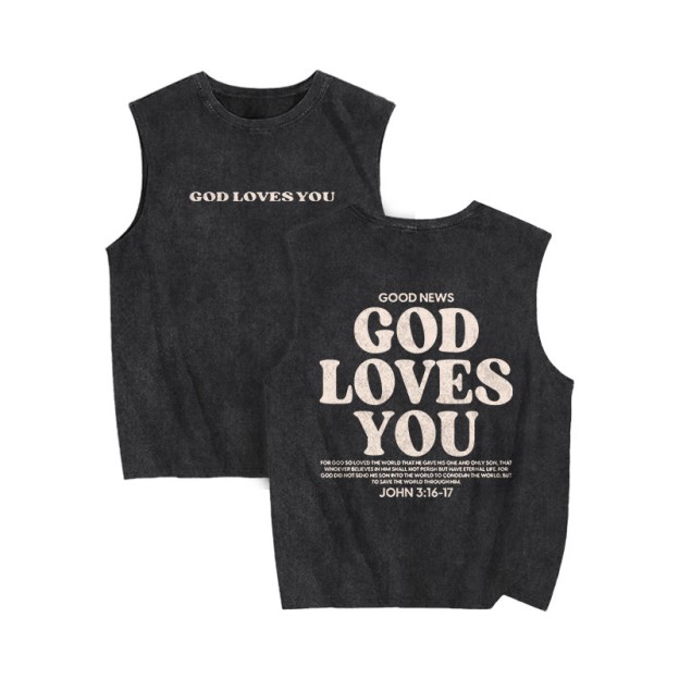 Unisex 100% Cotton God Loves You Print Washed Tank Top - Black - 3XL - image 2