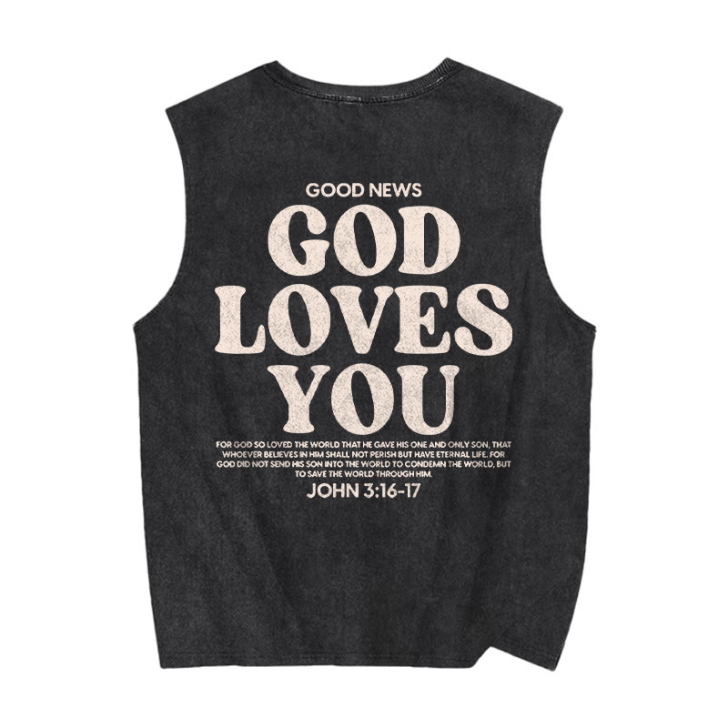 Unisex 100% Cotton God Loves You Print Washed Tank Top - image 1