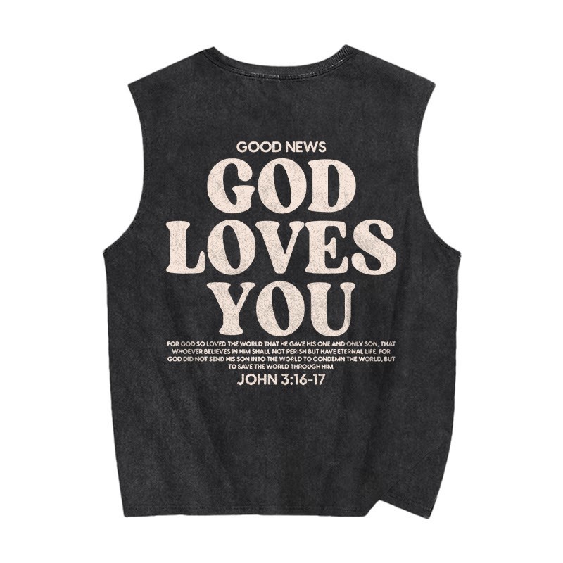 Unisex 100% Cotton God Loves You Print Washed Tank Top - image 1