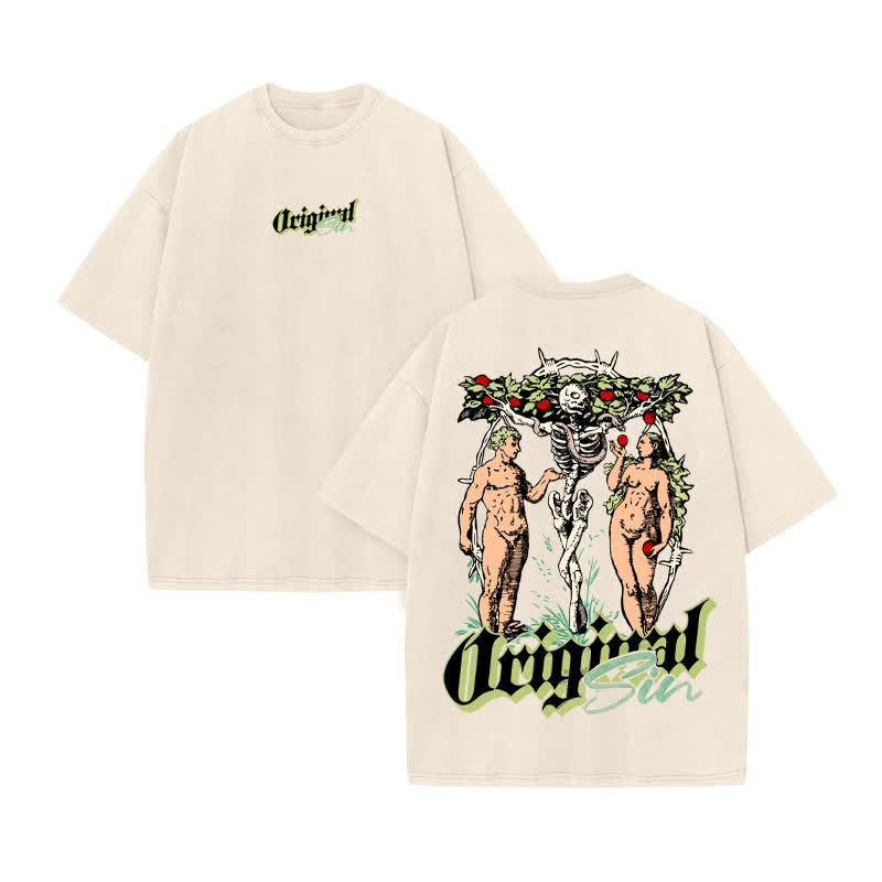 Unisex 100% Cotton Original Sin Print Acid Washed T-shirt - Beige - US20-22(3XL) - image 3