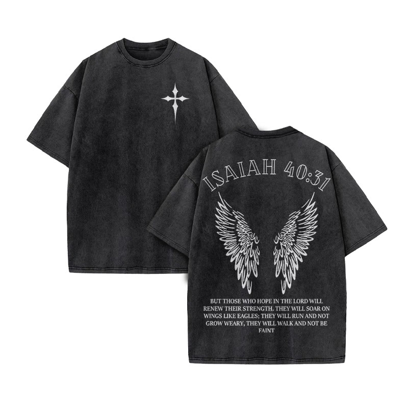 Unisex 100% Cotton Isaiah 40:31 Wings Print Acid Washed T-shirt - Black - US20-22(3XL) - image 2