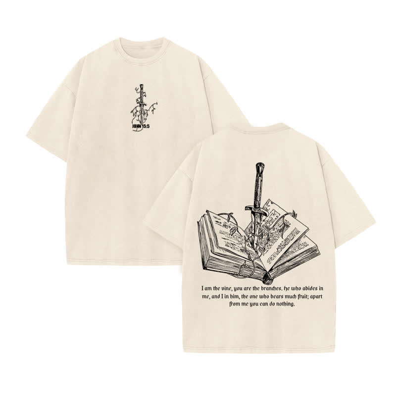 Unisex 100% Cotton John 15:5 Print Acid Washed T-shirt - Beige - US20-22(3XL) - image 2