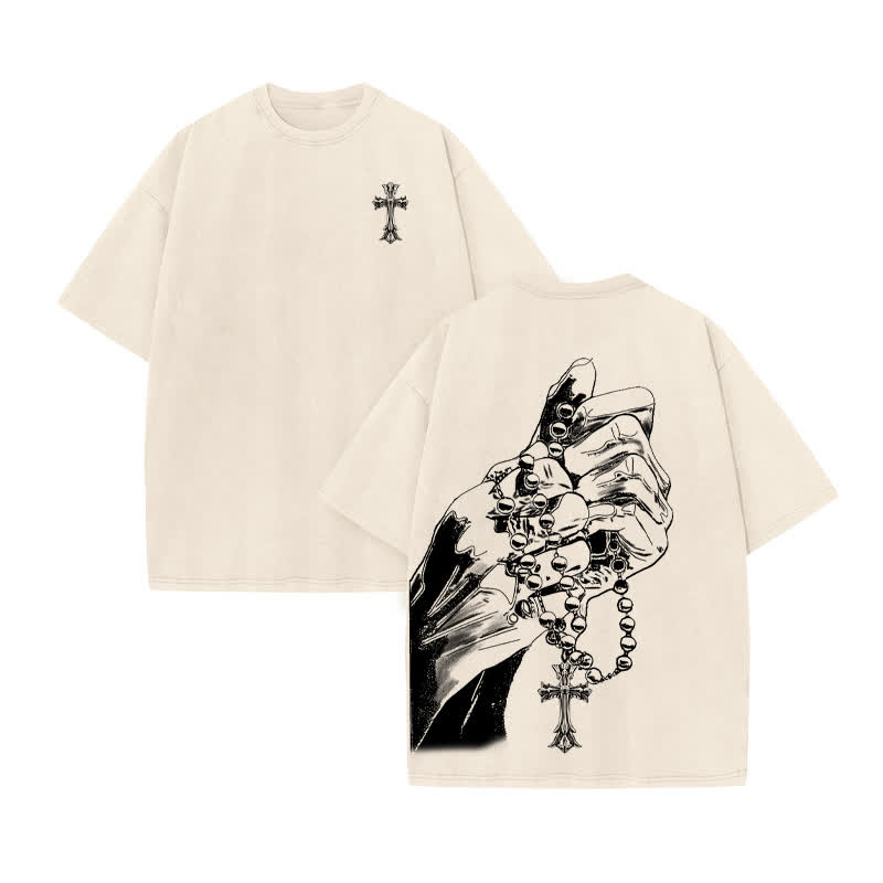 Unisex 100% Cotton Devout Faith Print Acid Washed T-shirt - Beige - US20-22(3XL) - image 2