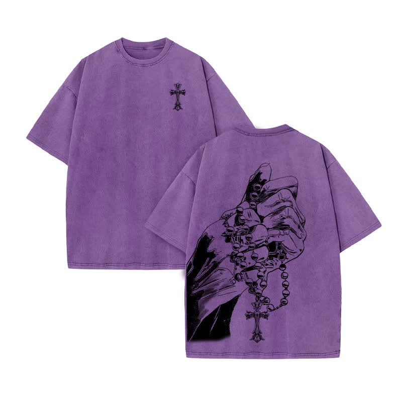 Unisex 100% Cotton Devout Faith Print Acid Washed T-shirt - Purple - US20-22(3XL) - image 9