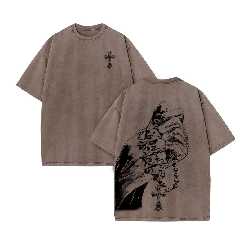 Unisex 100% Cotton Devout Faith Print Acid Washed T-shirt - Coffee - US20-22(3XL) - image 4