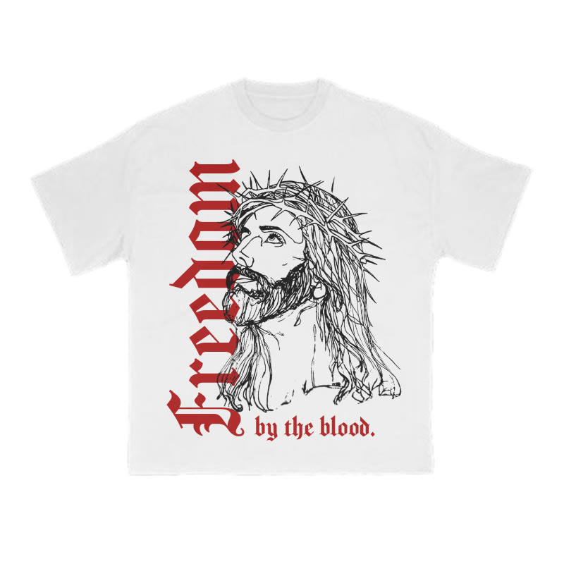 Unisex 100% Cotton Freedom By The Blood Print T-shirt - White - US16-18(2XL) - image 1