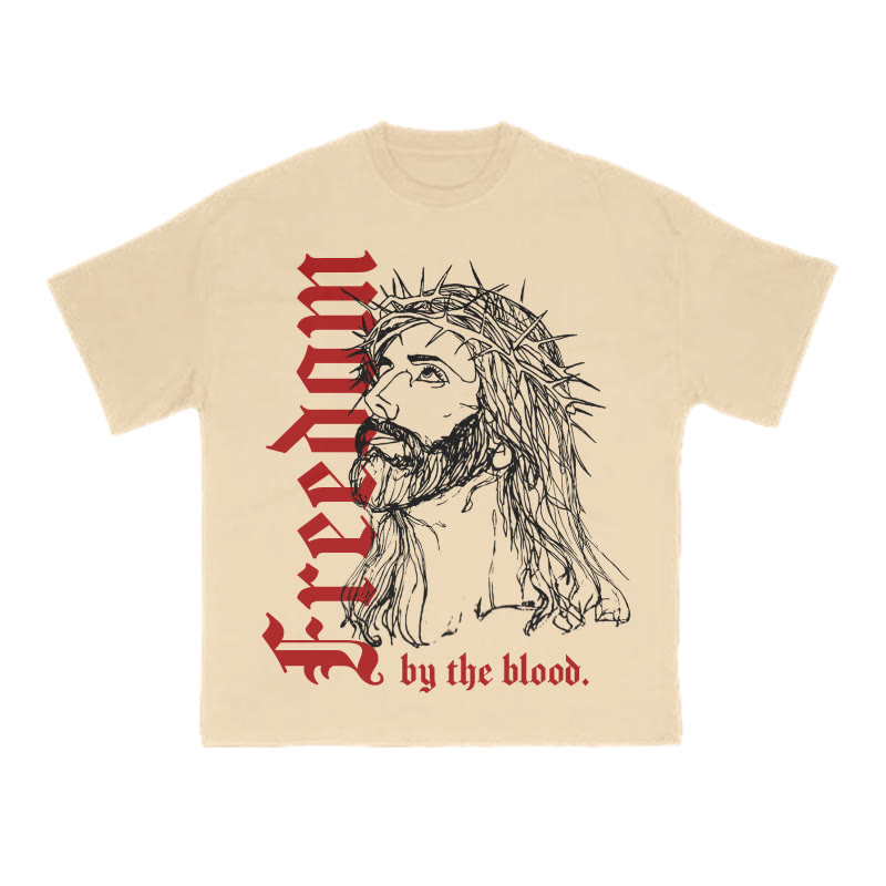Unisex 100% Cotton Freedom By The Blood Print T-shirt - Apricot - US16-18(2XL) - image 4