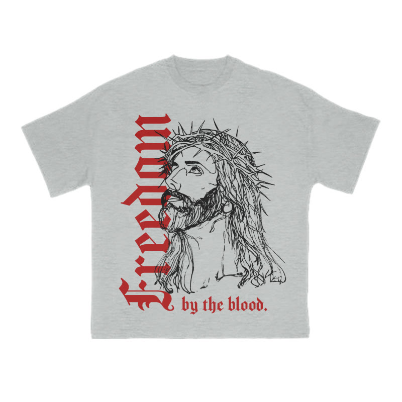 Unisex 100% Cotton Freedom By The Blood Print T-shirt - Grey - US16-18(2XL) - image 2