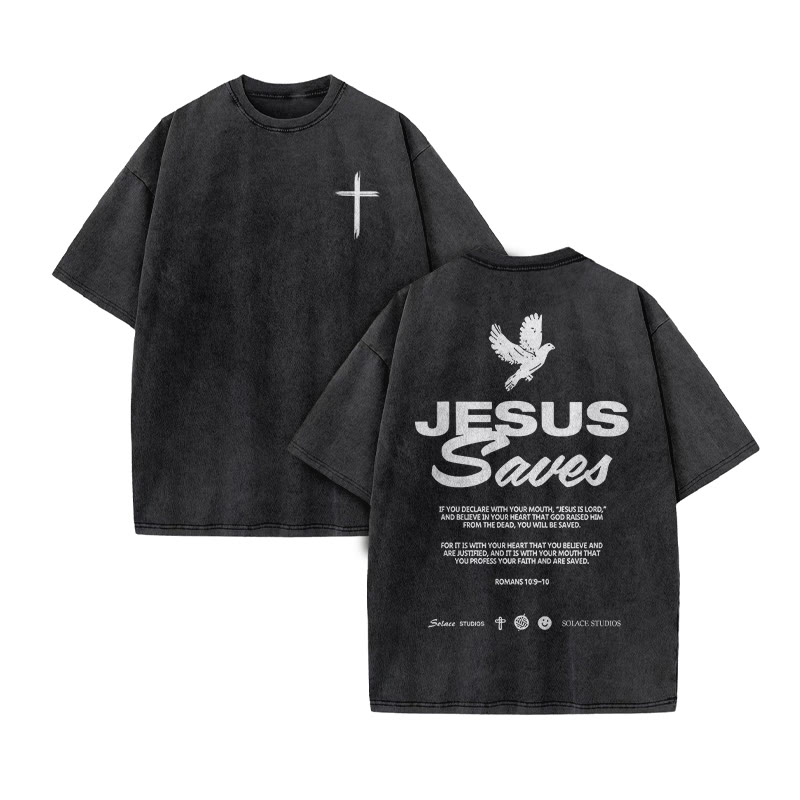 Unisex 100% Cotton Jesus Saves Cross Print Acid Washed T-shirt - Black - US20-22(3XL) - image 2