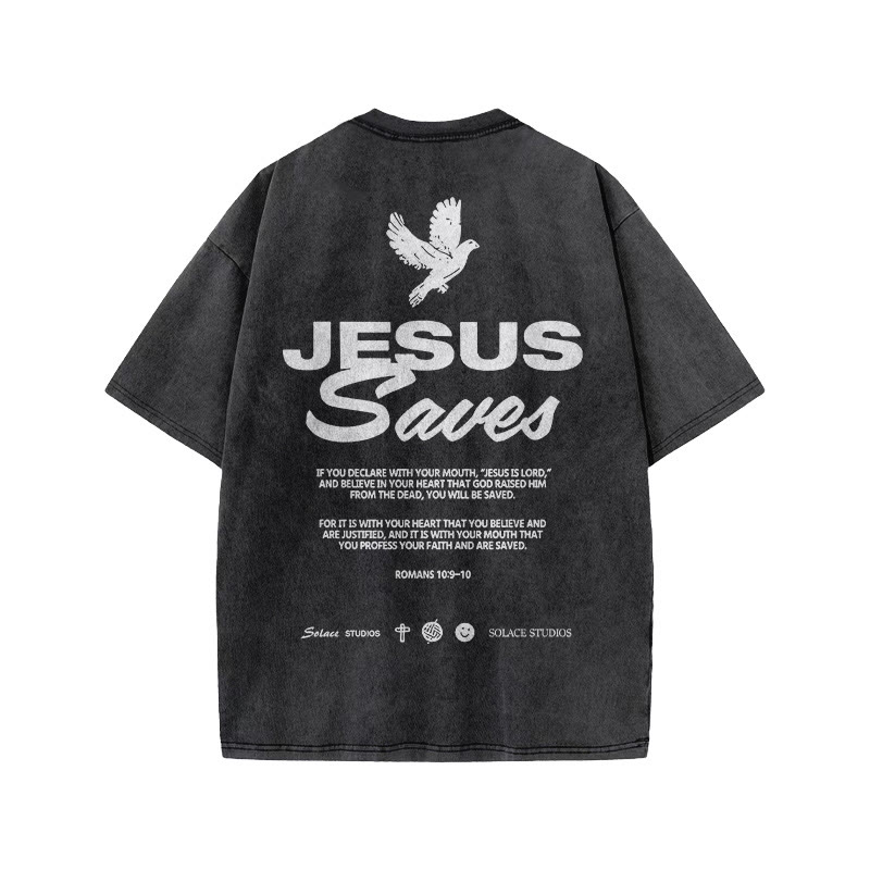 Unisex 100% Cotton Jesus Saves Cross Print Acid Washed T-shirt - image 1