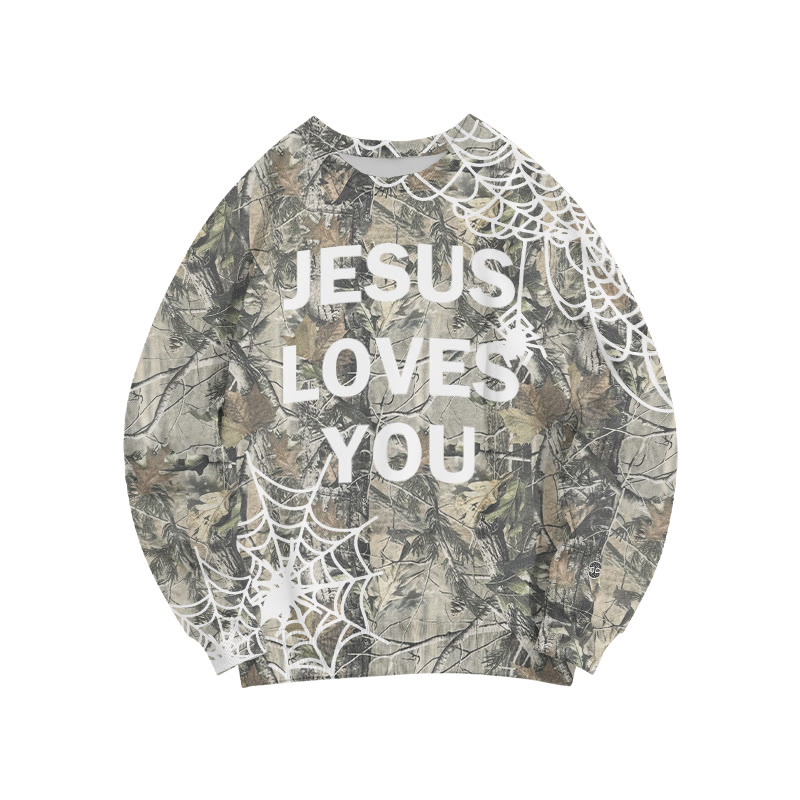 Unisex Jesus Loves You Dead Leaves Camo Spiderweb Halloween Print Sweatshirt - Green - 6XL - image 1