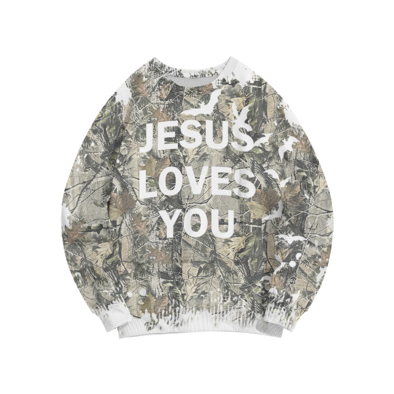 Unisex Jesus Loves You Dead Leaves Camo Bats Halloween Print Sweatshirt - Green - 6XL - image 1