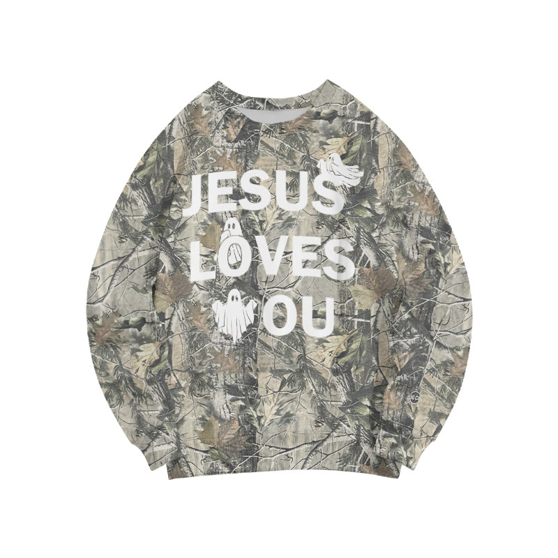Unisex Jesus Loves You Dead Leaves Camo Ghost Halloween Print Sweatshirt - Green - 6XL - image 1