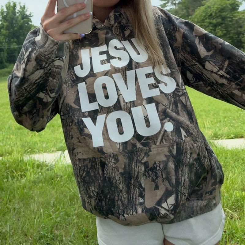 Unisex Jesus Loves You Dead Leaves Camouflage Print Hoodie - image 2