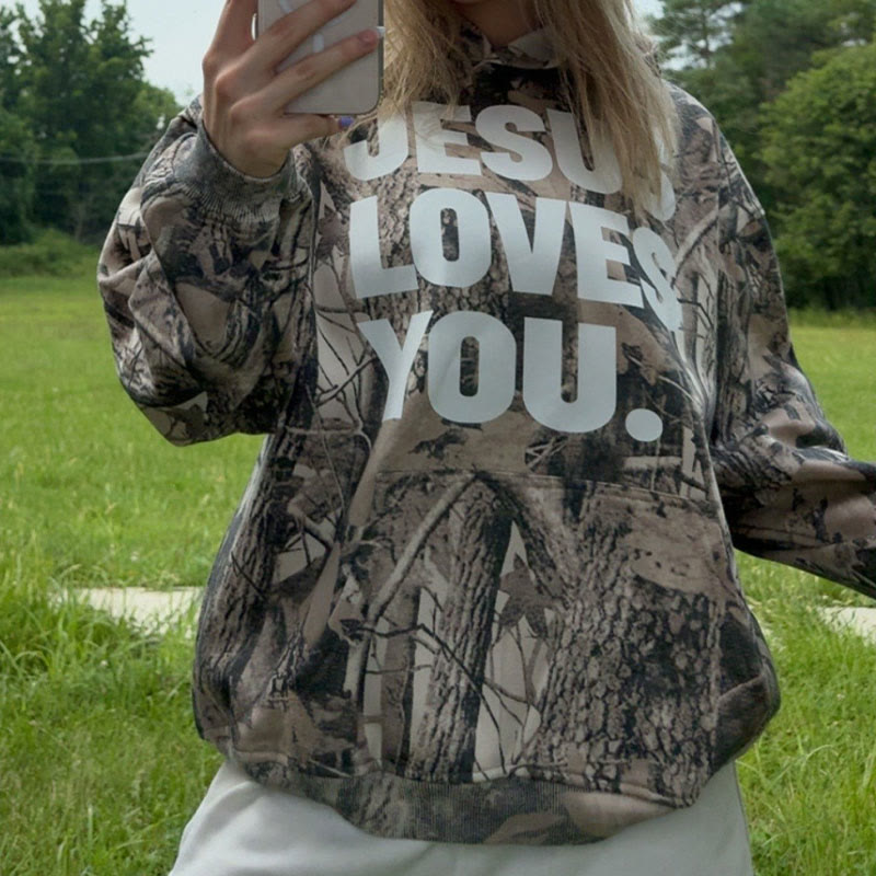 Unisex Jesus Loves You Dead Leaves Camouflage Print Hoodie - Brown - US44-46(8XL) - image 1