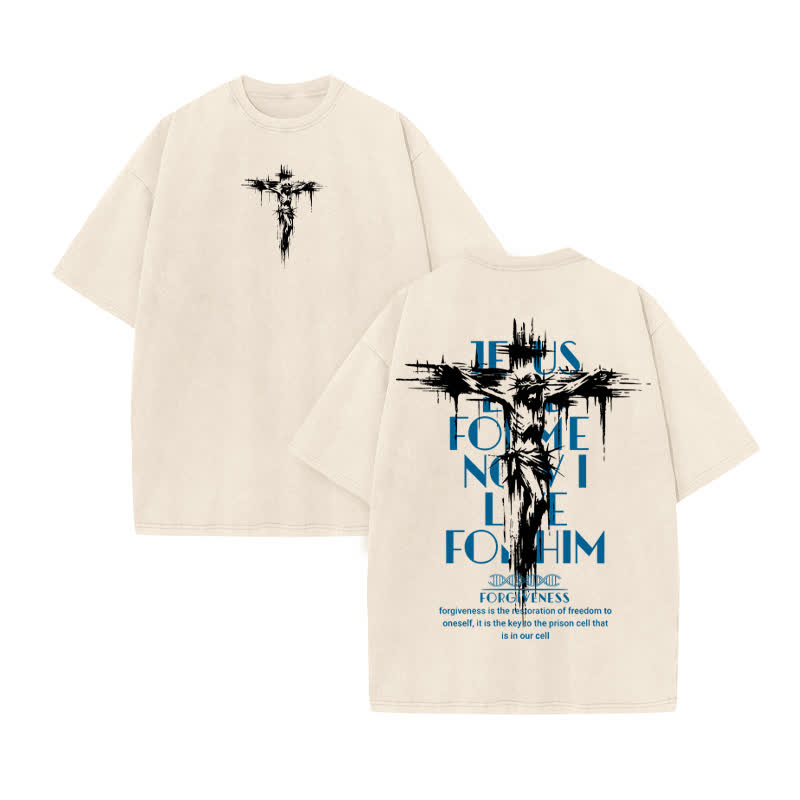 Unisex 100% Cotton Jesus Forgiveness Print Acid Washed T-shirt - Beige - US20-22(3XL) - image 2