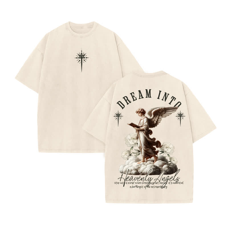 Unisex 100% Cotton Heavenly Angels Print Acid Washed T-shirt - Beige - US20-22(3XL) - image 3