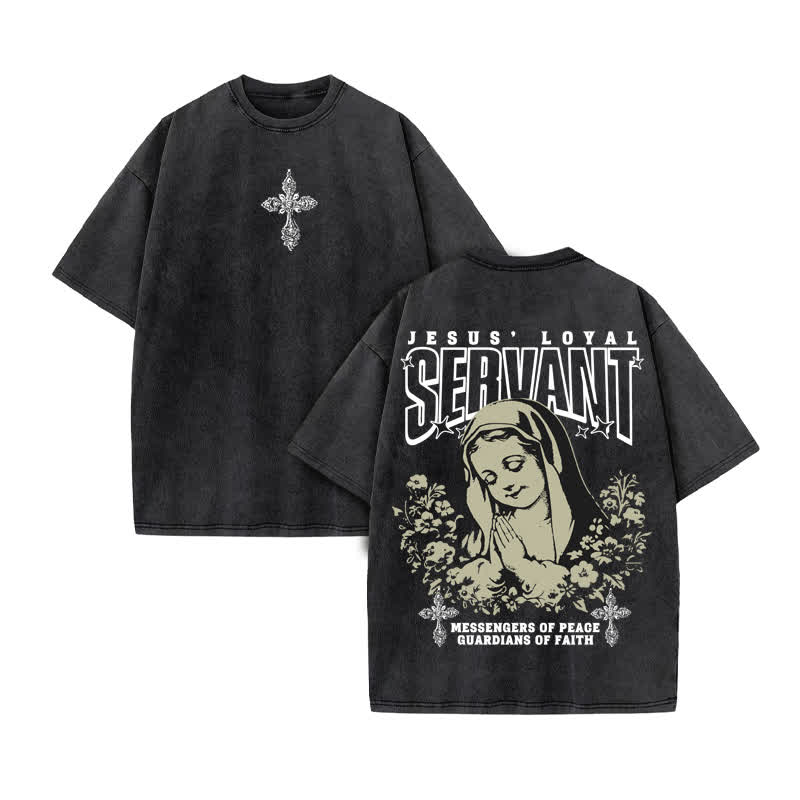 Unisex 100% Cotton Jesus Loyal Servant Print Acid Washed T-shirt - Black - US20-22(3XL) - image 2