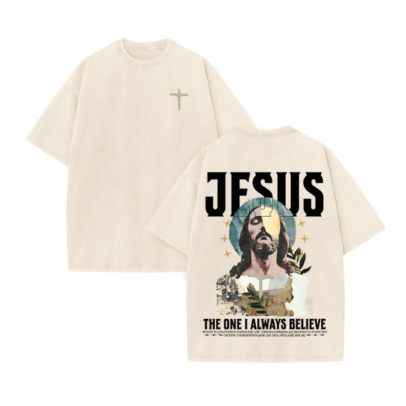 Unisex 100% Cotton Always Believe Jesus Print Acid Washed T-shirt - Beige - US20-22(3XL) - image 2