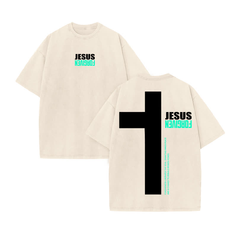 Unisex 100% Cotton Jesus Forgiven Print Acid Washed T-shirt - Beige - US20-22(3XL) - image 3