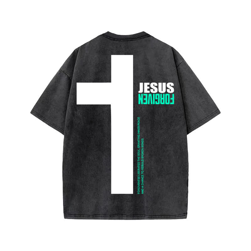 Unisex 100% Cotton Jesus Forgiven Print Acid Washed T-shirt - image 1