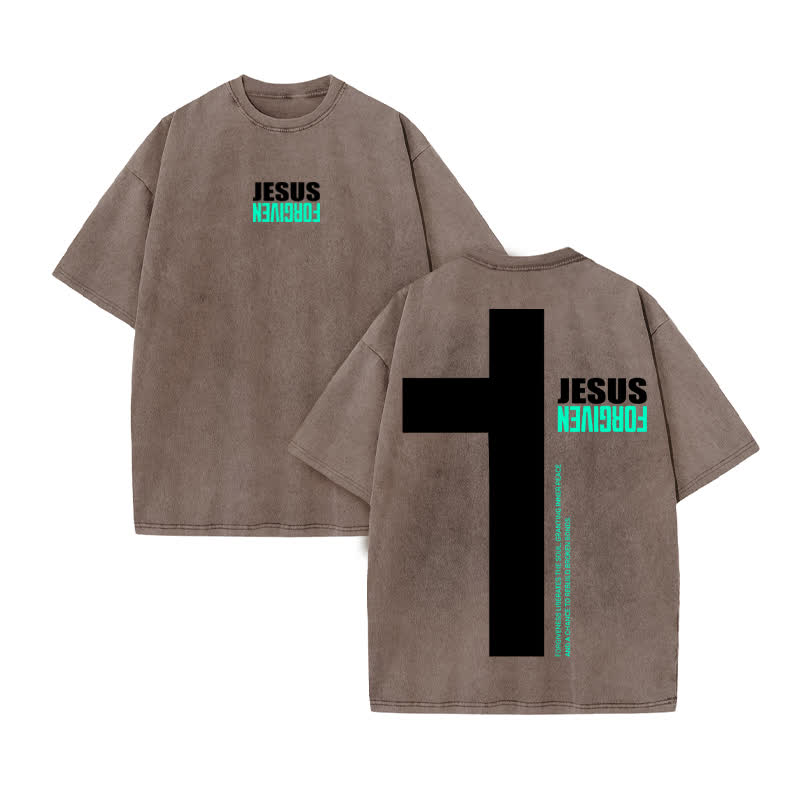 Unisex 100% Cotton Jesus Forgiven Print Acid Washed T-shirt - Coffee - US20-22(3XL) - image 4