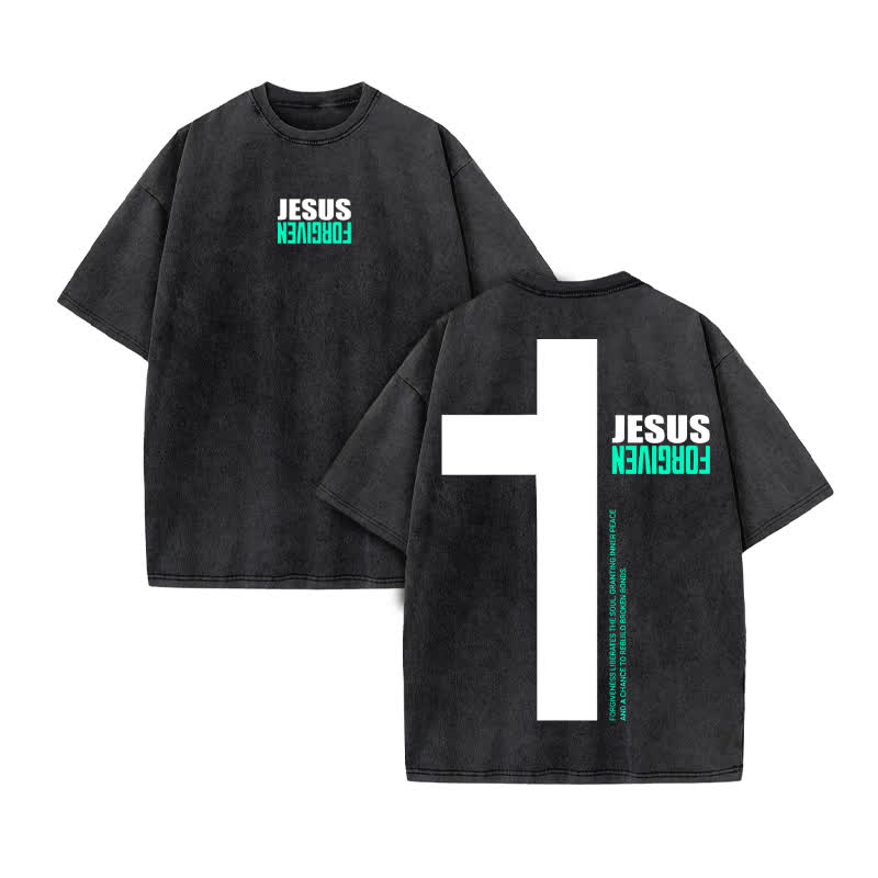 Unisex 100% Cotton Jesus Forgiven Print Acid Washed T-shirt - Black - US20-22(3XL) - image 2