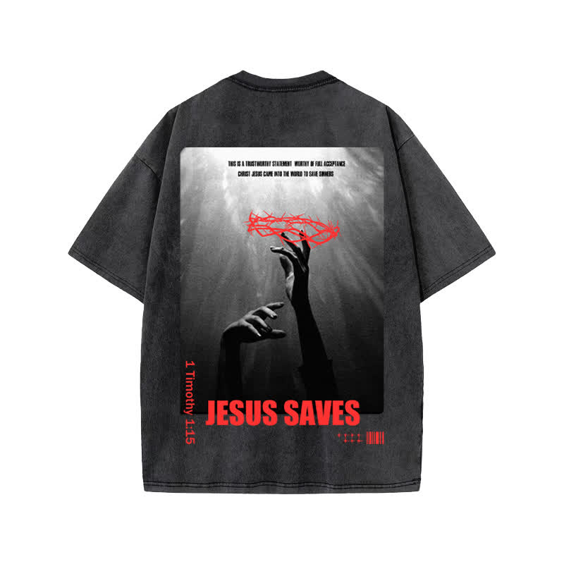 Unisex 100% Cotton Jesus Saves Print Acid Washed T-shirt - image 1