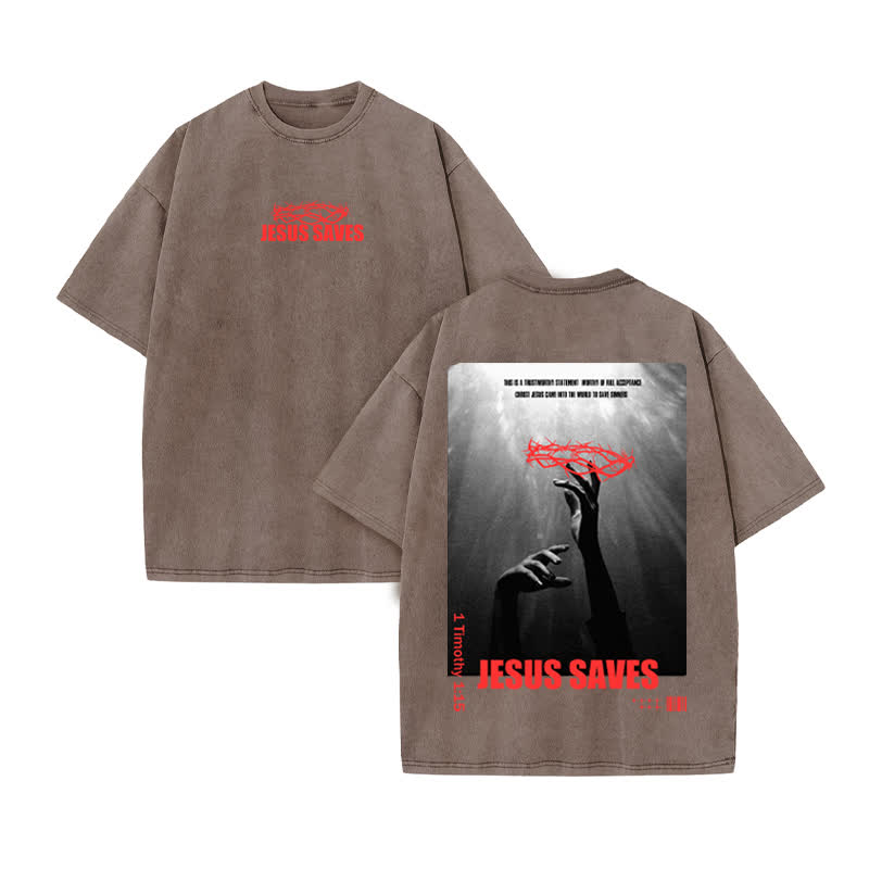 Unisex 100% Cotton Jesus Saves Print Acid Washed T-shirt - Coffee - US20-22(3XL) - image 4