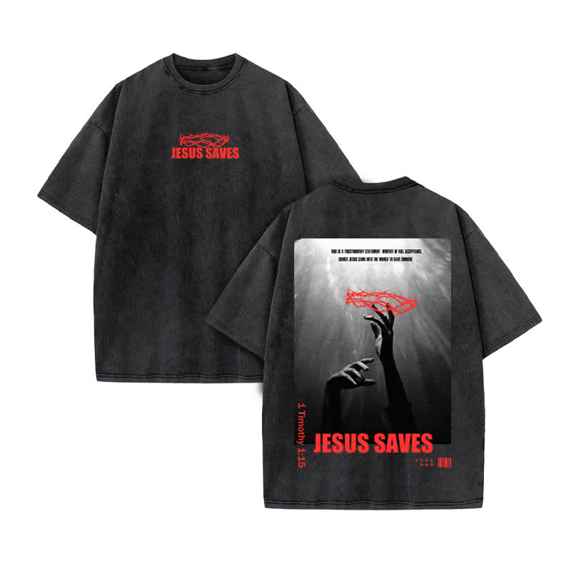 Unisex 100% Cotton Jesus Saves Print Acid Washed T-shirt - Black - US20-22(3XL) - image 2