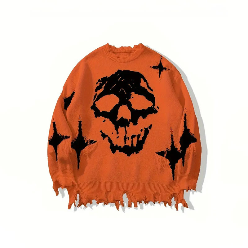Fashionable Skull Halloween Ripped Sweater - Orange - US20-22(3XL) - image 2