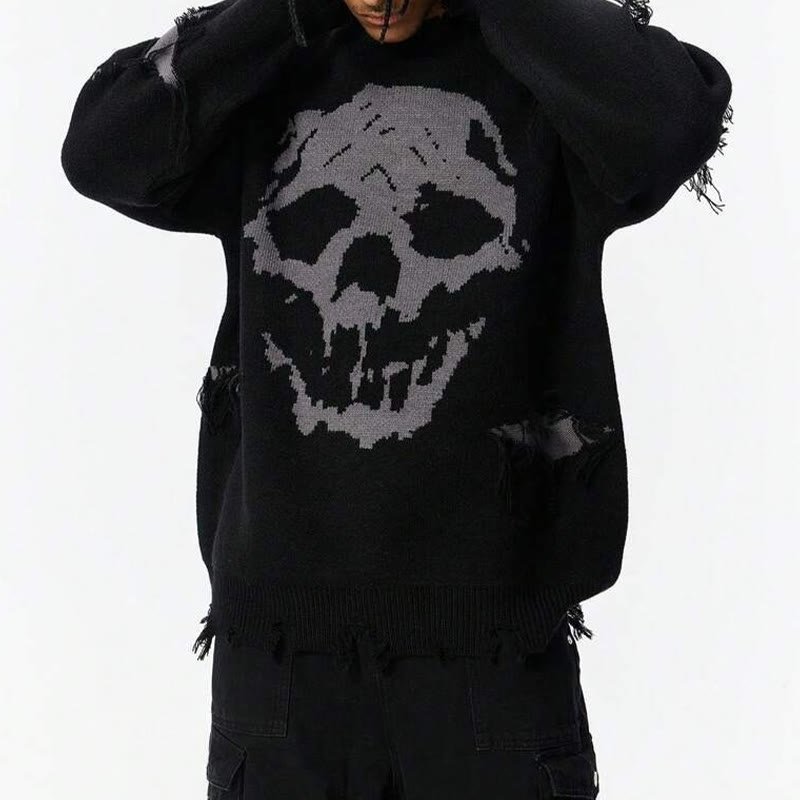 Fashionable Skull Halloween Ripped Sweater - Black - US20-22(3XL) - image 1