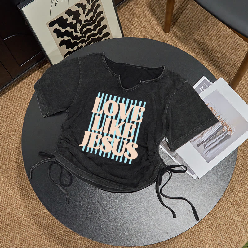 100% Cotton Love Like Jesus Print Acid Washed Drawstring T-shirt - Black - US16-18(2XL) - image 1