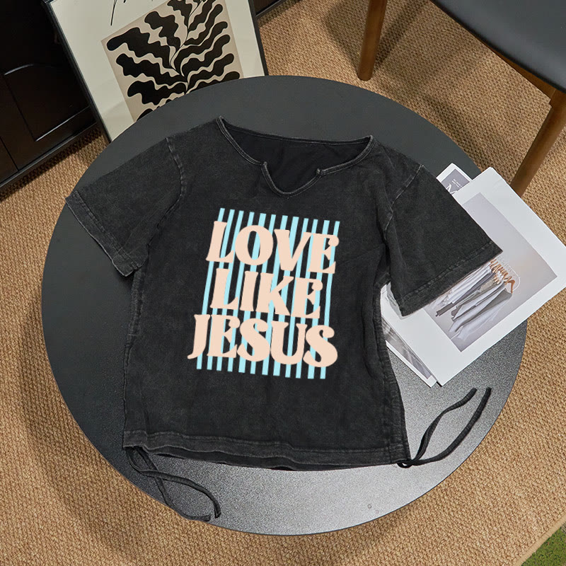 100% Cotton Love Like Jesus Print Acid Washed Drawstring T-shirt - image 2