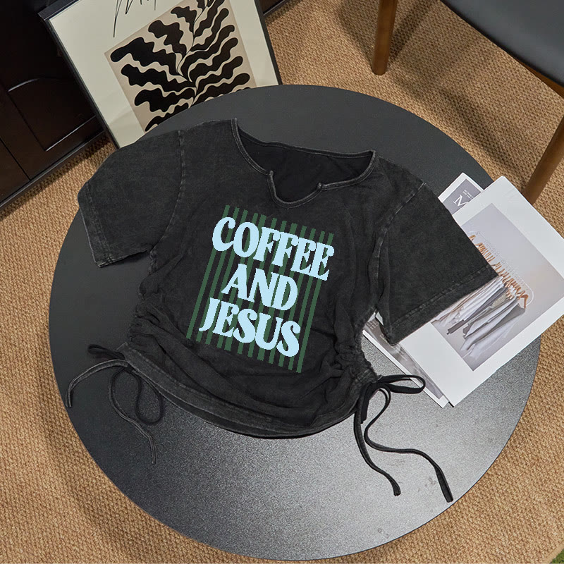 100% Cotton Coffee And Jesus Print Acid Washed Drawstring T-shirt - Black - US16-18(2XL) - image 1