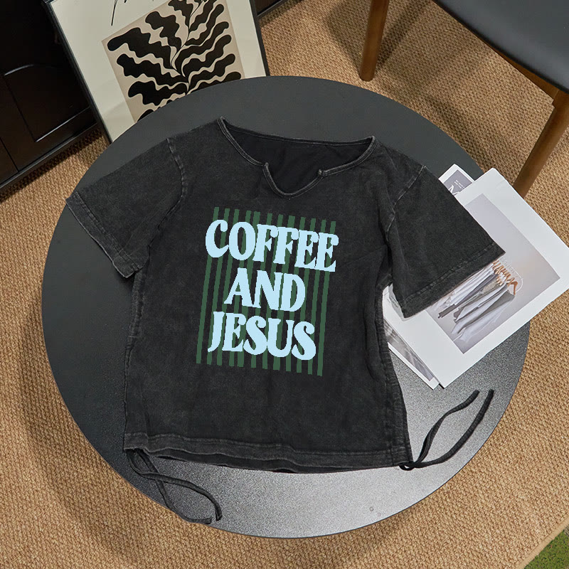 100% Cotton Coffee And Jesus Print Acid Washed Drawstring T-shirt - image 2