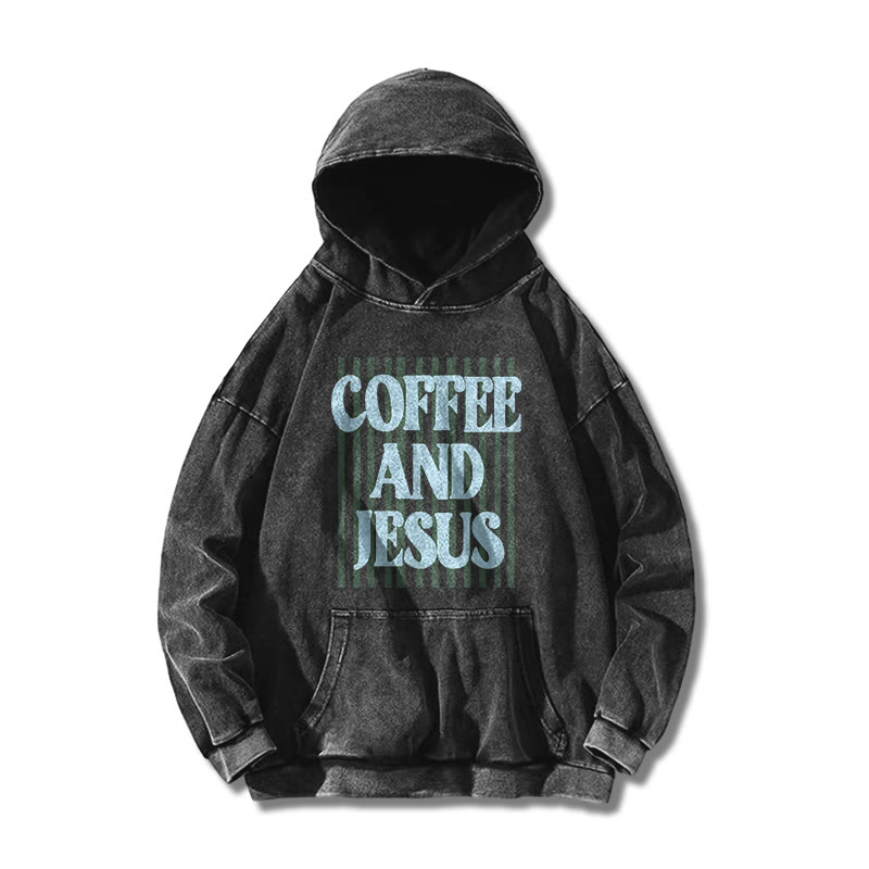 Unisex 100% Cotton Coffee And Jesus Printed Washed Hoodie  - Black - US16-18(2XL) - image 2