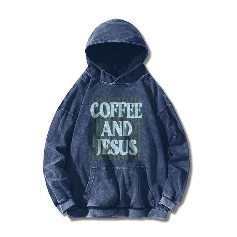 Unisex 100% Cotton Coffee And Jesus Printed Washed Hoodie  - Blue - US16-18(2XL) - image 3