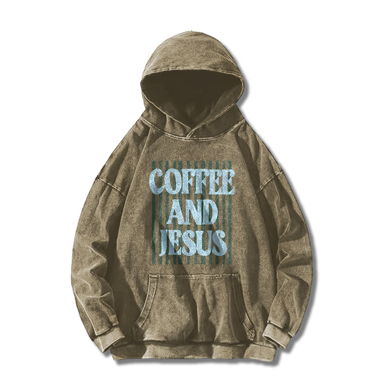 Unisex 100% Cotton Coffee And Jesus Printed Washed Hoodie  - Khaki - US16-18(2XL) - image 1