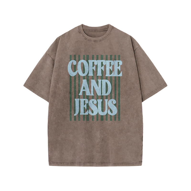 Unisex 100% Cotton Coffee And Jesus Print Acid Washed T-shirt - Coffee - US20-22(3XL) - image 1