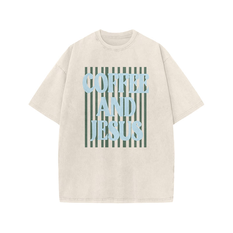 Unisex 100% Cotton Coffee And Jesus Print Acid Washed T-shirt - Beige - US20-22(3XL) - image 3
