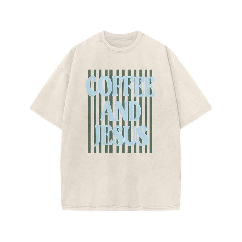 Unisex 100% Cotton Coffee And Jesus Print Acid Washed T-shirt - Beige - US20-22(3XL) - image 3